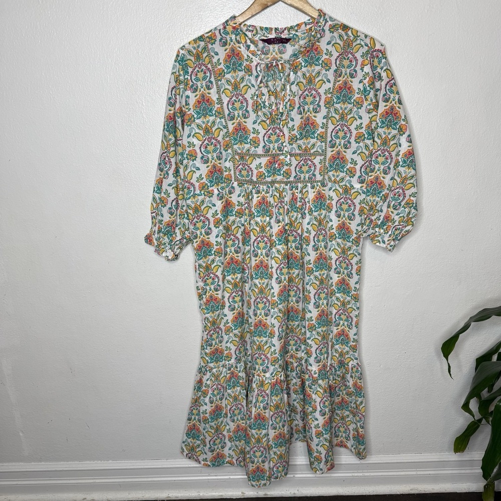 Saaki Floral Cotton Ruffle Multicolor Midi Dress Women's XL Boho‎ Paisley Green